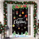 Merry Christmas Door Cover 35 X 71 Inch Christmas Ball Door Cover Backdrops Xmas Tree Banner Background Xmas Snowflake Porch Hanging Decorations(Black)