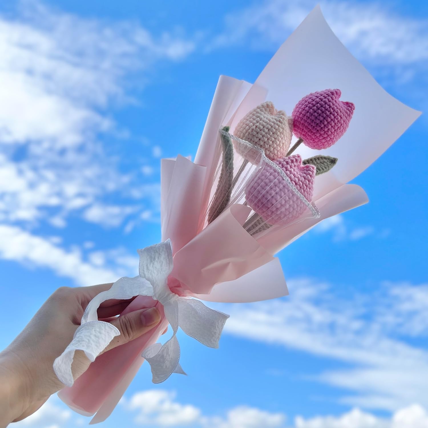 Handmade Crochet Tulip Flower Bouquet, Knitted Artificial Forever Flowers With Exquisite Wrap, Gift To Girlfriend Mother Women, Perfect For Valentines, Home Decor, Celebration-Pink