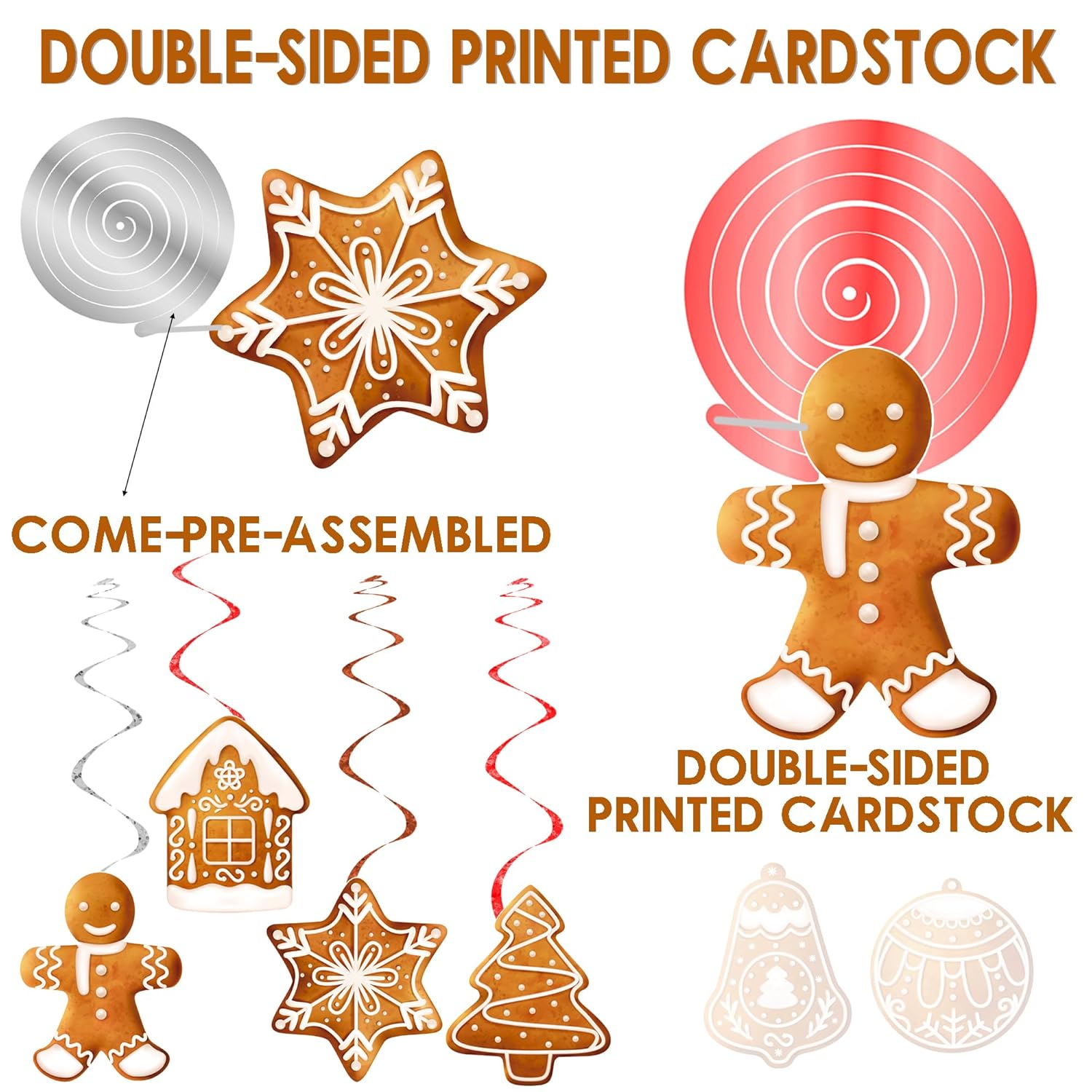 20Pcs Christmas Gingerbread Party Hanging Swirls Gingerbread Snowflake Tree Theme Ceiling Streamers Xmas Winter Hanging Decorations For Christmas Winter Holiday Party Supplies