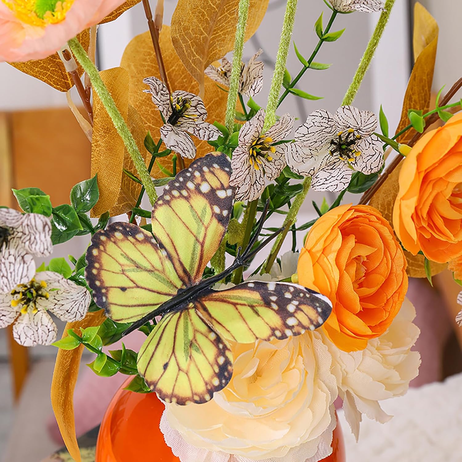 Artificial Flowers With Ceramic Vase, Fake Flowers For Home And Office Decor, Floral Arrangements With Vase Centerpieces, Orange,15.7 Inches, 1 Piece