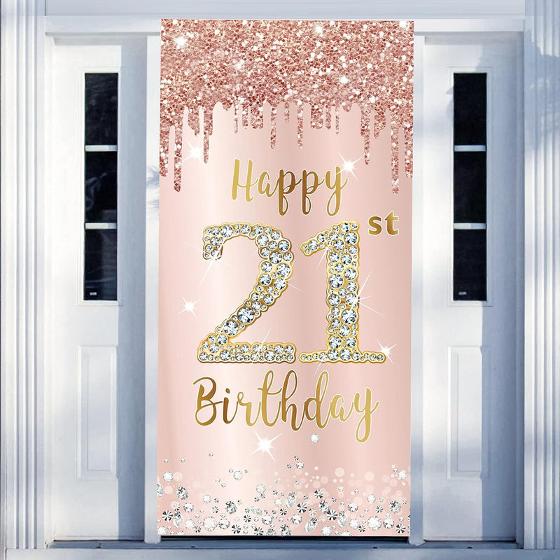 Happy 21St Birthday Door Banner Backdrop Decorations For Women, Pink R