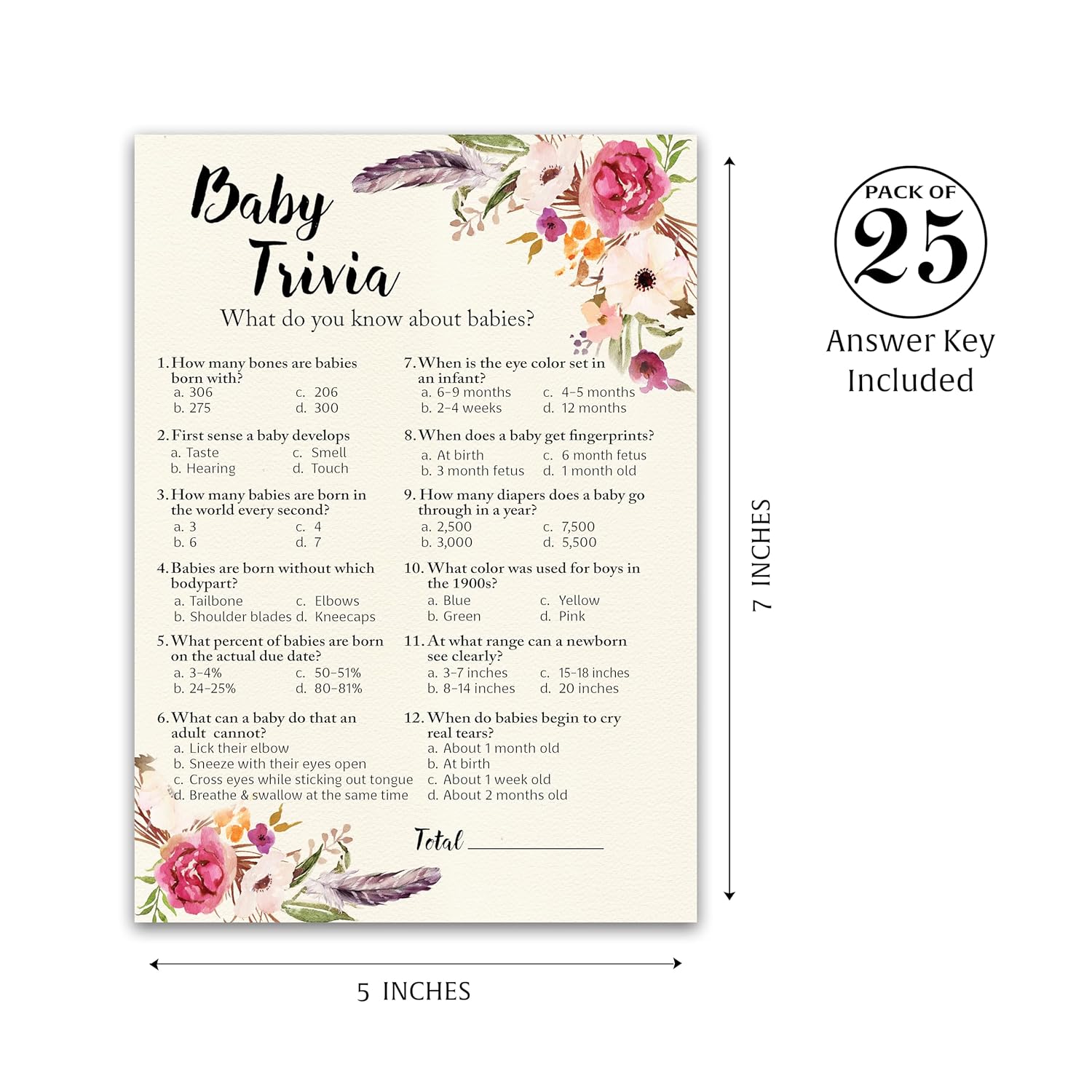 Bohemian Theme Baby Shower Games — Boho Baby Trivia Game — Pack Of 25 — Fun Facts Girl Pink Floral Feather Rustic Chic Co-Ed Couples Shower Activity Gender Reveal Party G400-Trv