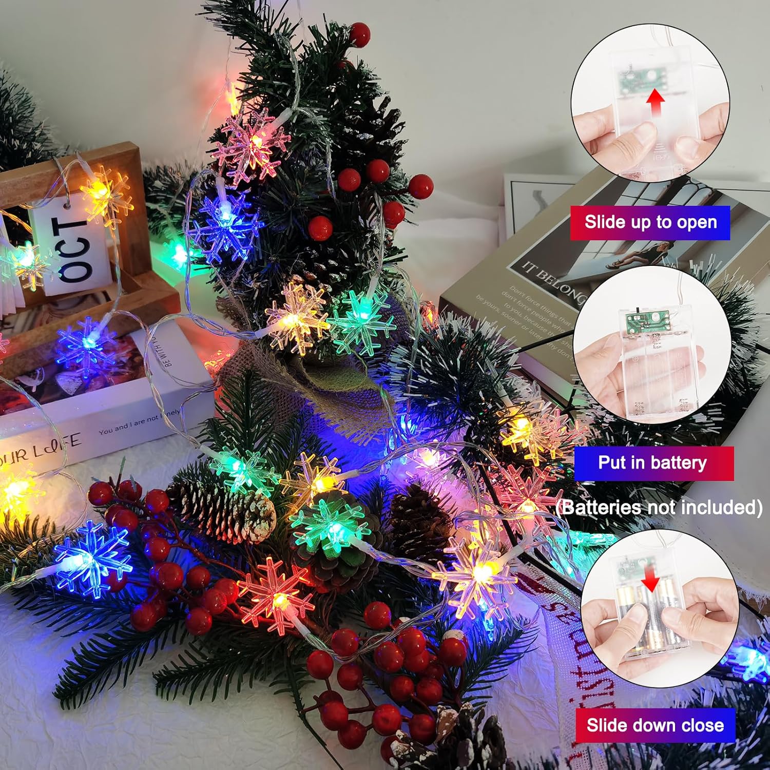 Snowflake String Lights, 20 Ft 40 Led Battery Operated Waterproof Multicolor Snowflake Fairy Lights Indoor Outdoor For B