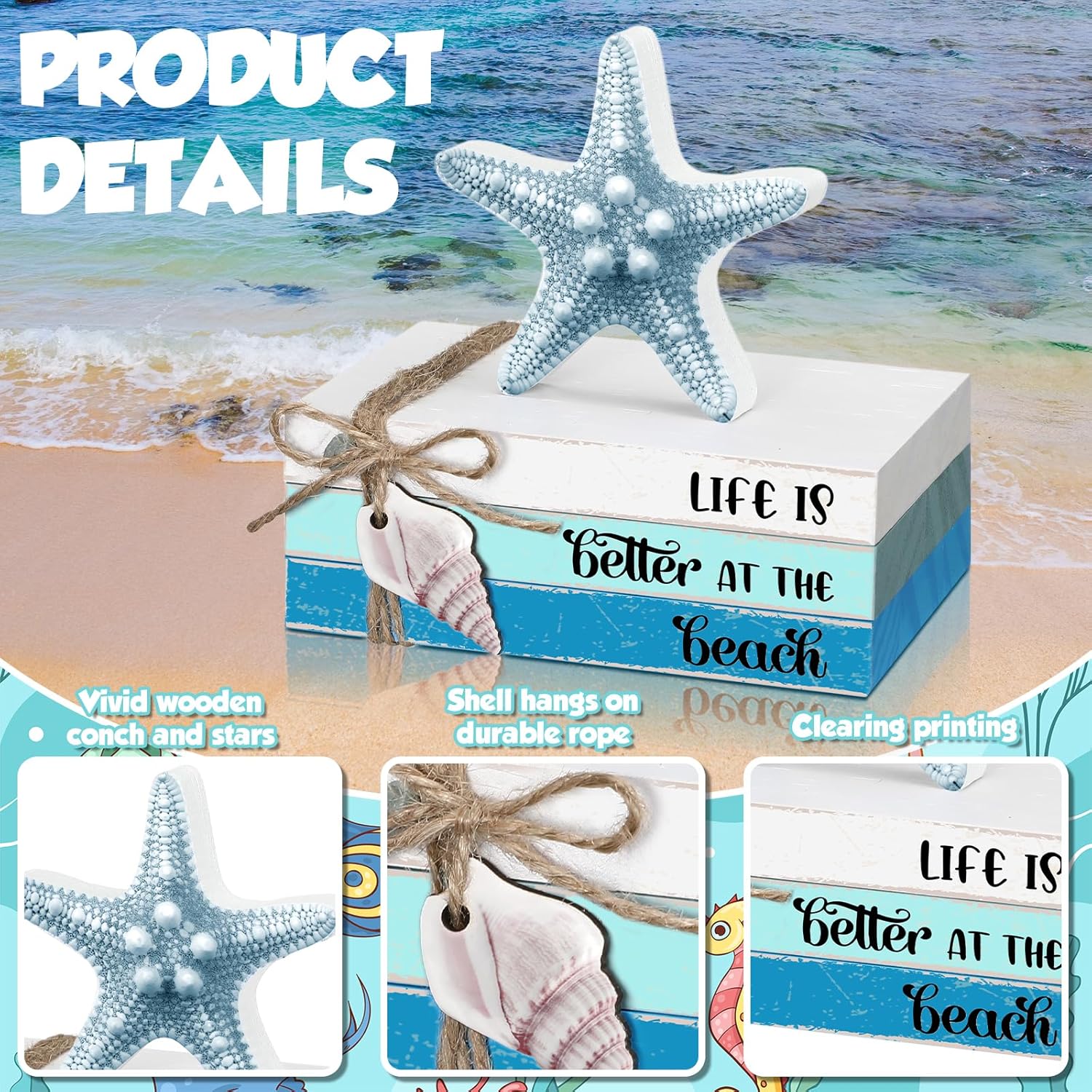 4 Pieces Summer Beach Tiered Tray Decor Starfish Wooden Book Stack Farmhouse Decor Summer Mini Faux Decorative Books Bundle Decorations For Home Table Centerpieces