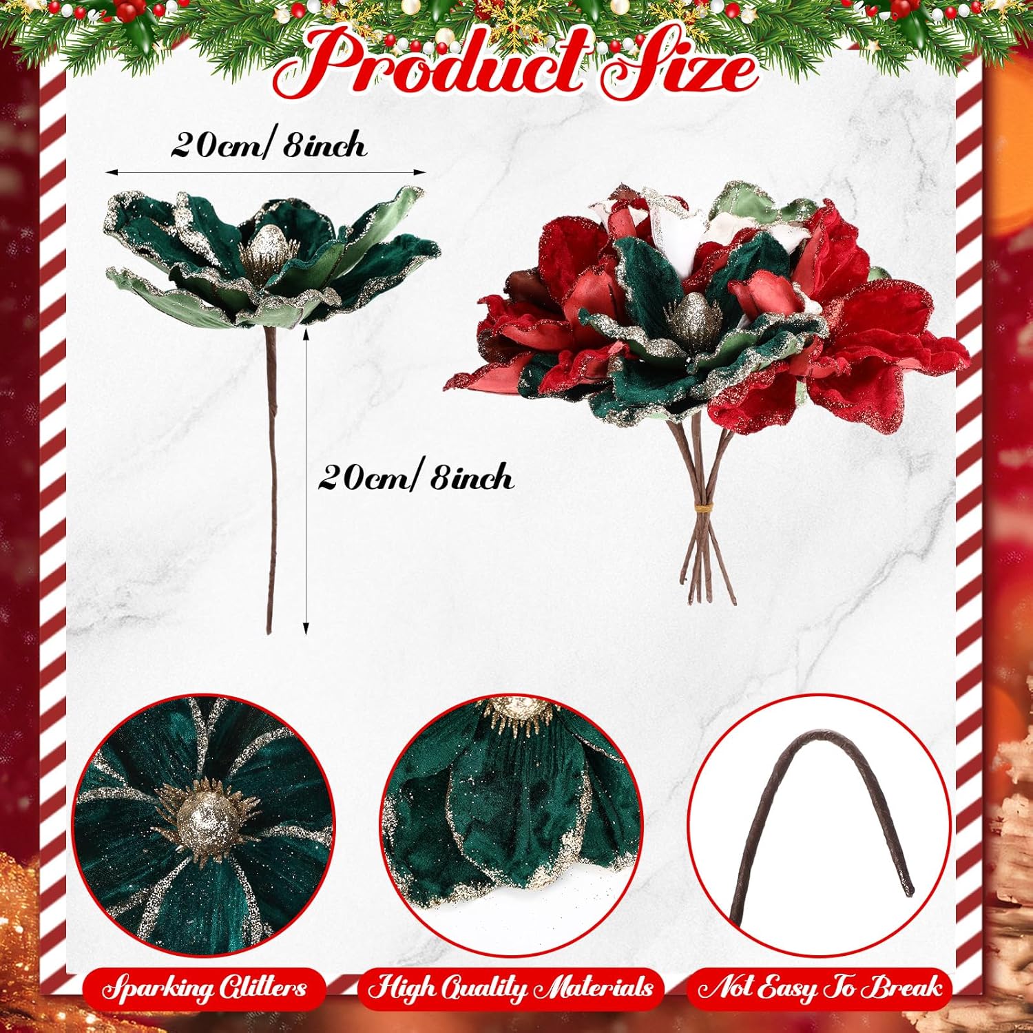 24 Pcs Christmas Velvet Magnolia Flowers Large Artificial Poinsettia Flower Picks 8'' Christmas Glitter Magnolia Floral Picks Stems For Xmas Tree Party (Burgundy Brown Green Cream White)
