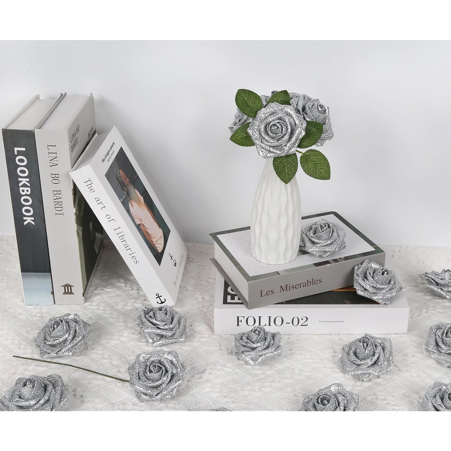 Artificial Roses 30Pcs Silver Flowers 3.15" Glitter Roses Artificial Flowers With Stems For Diy Wreath Wedding Christmas Home Party Decor(Silver)