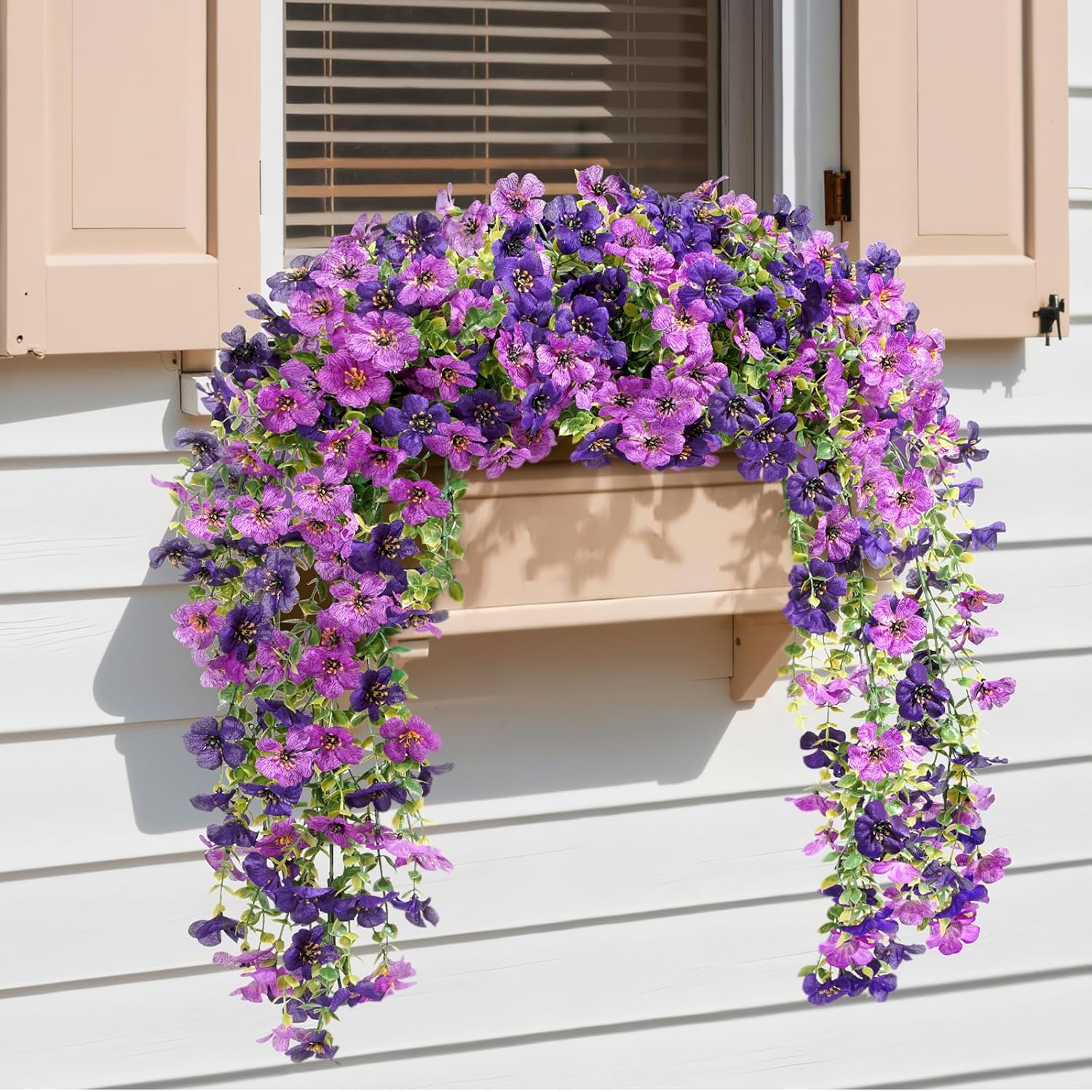 Artificial Hanging Daisy Flowers, Uv Resistant Plastic Fake Flowers For Outdoor Indoor Garden Porch Patio Balcony Decor, 2 Upright Stems + 2 Hanging Vines Combo, Double Purple