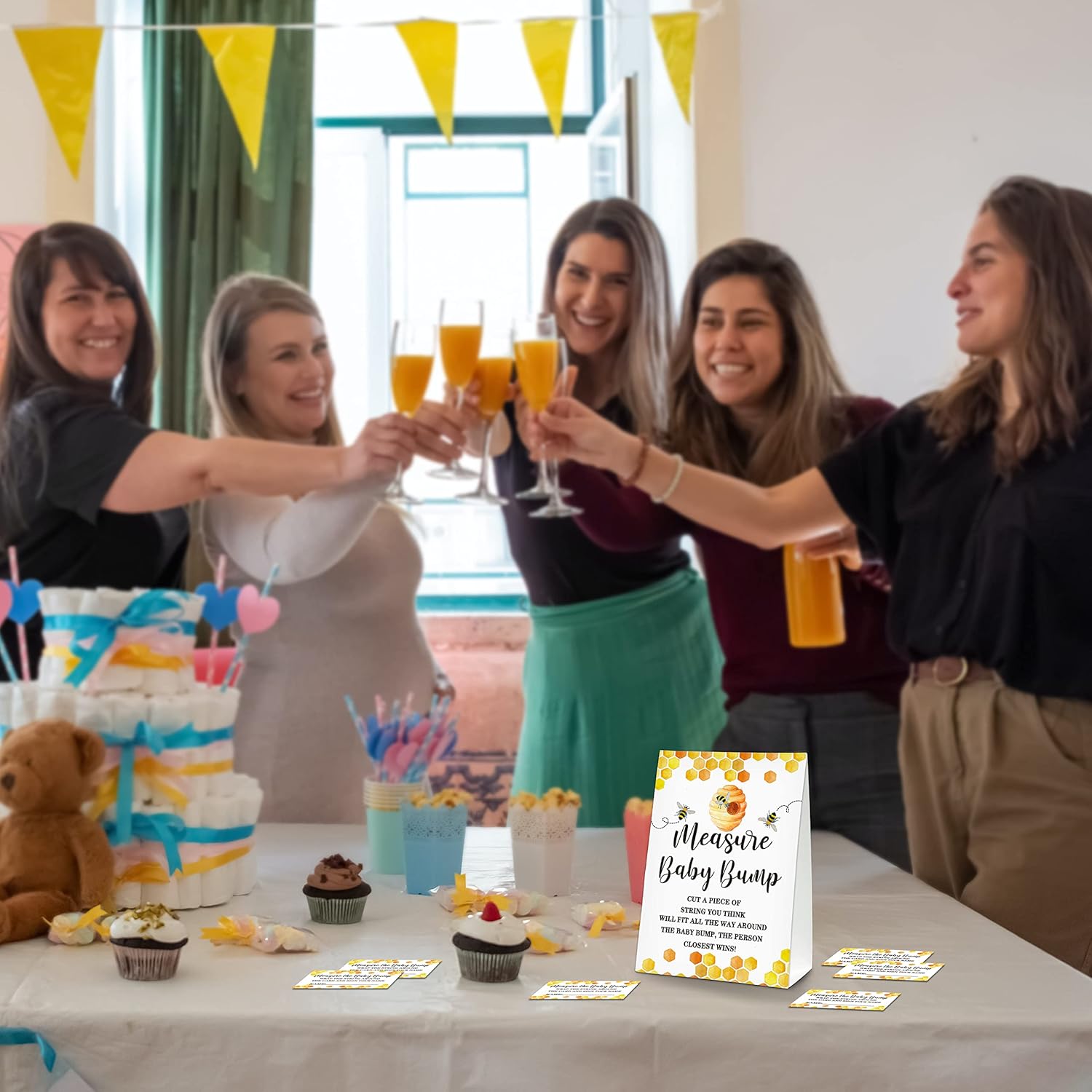 Bee Baby Shower Party Game Measure Baby Bump Self-Standing Sign With 50 Cards, Mommy To Bee Themed Card Honeycomb Bumble Bee Baby Shower Decor, Baby Gender Reveal Party Game(5"X7") - Bump-C01