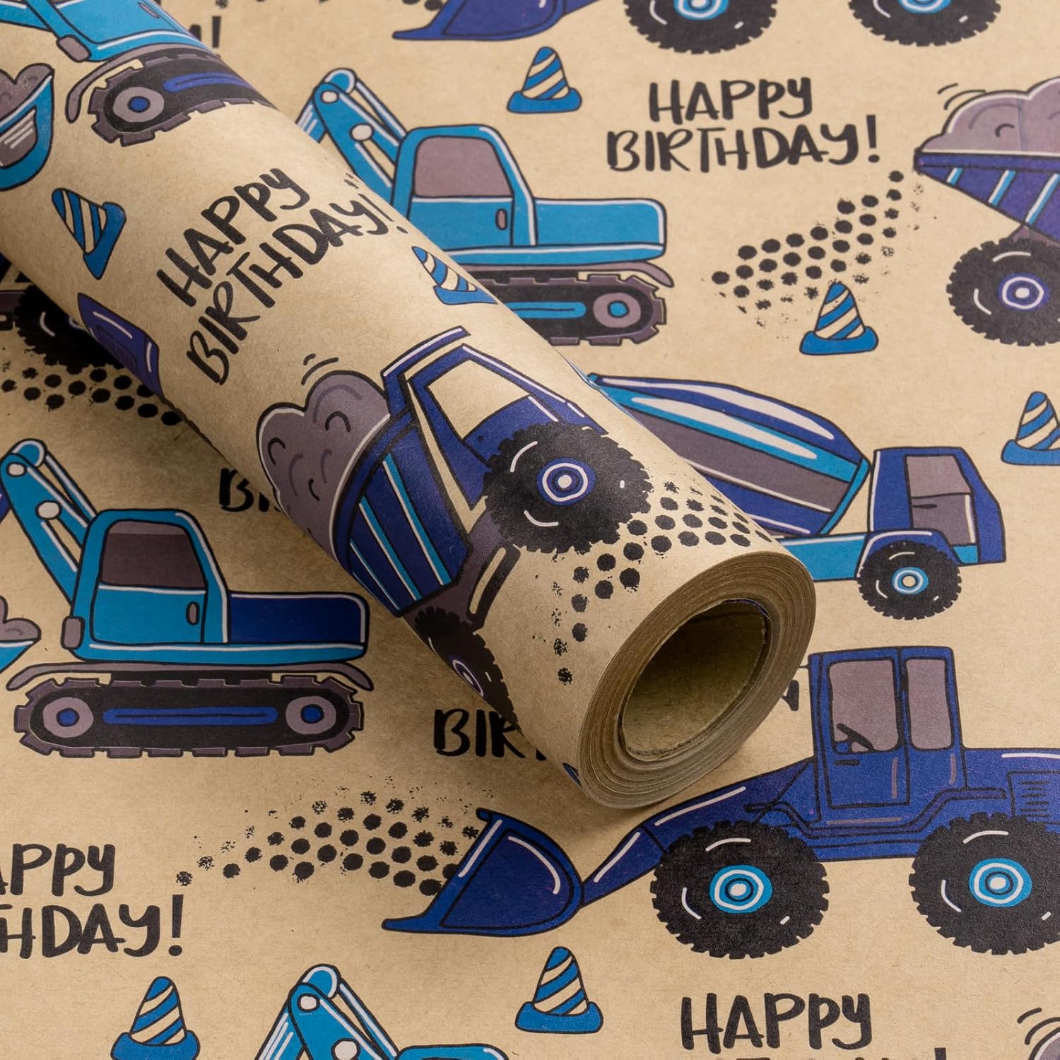 Kids Wrapping Paper Roll, Mini Roll, Blue Truck And Happy Birthday Text Design Kraft Wrap Paper Great For Kids Boys Birthday, Truck Party And More - 17 Inches X 16.4 Feet