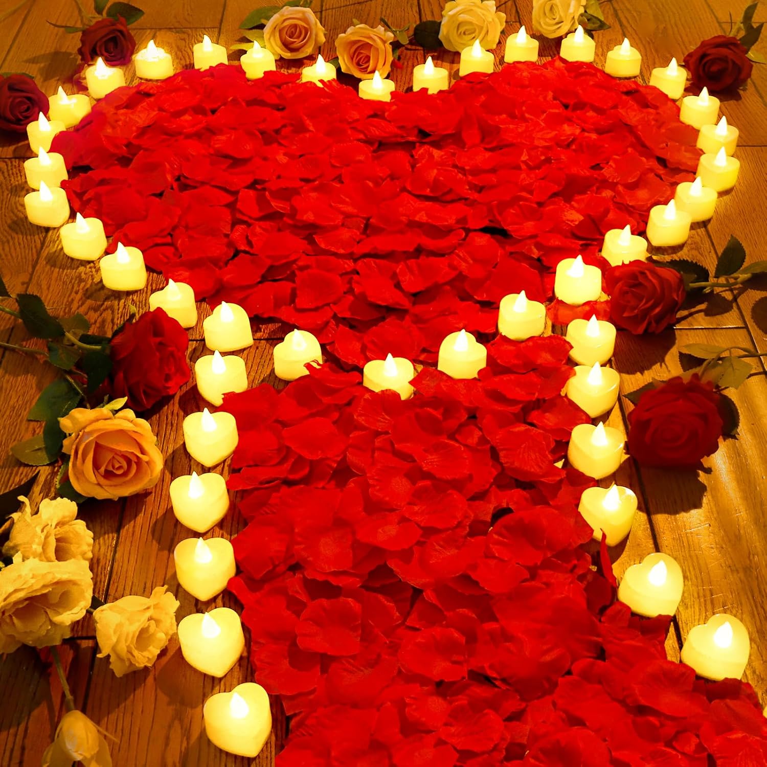 7000 Pieces Artificial Rose Petals With 72 Pieces Romantic Heart Led Tealight Candles, Rose Petals And Candles Set For Weddings Anniversaries Proposals Decor(Warm White Light)