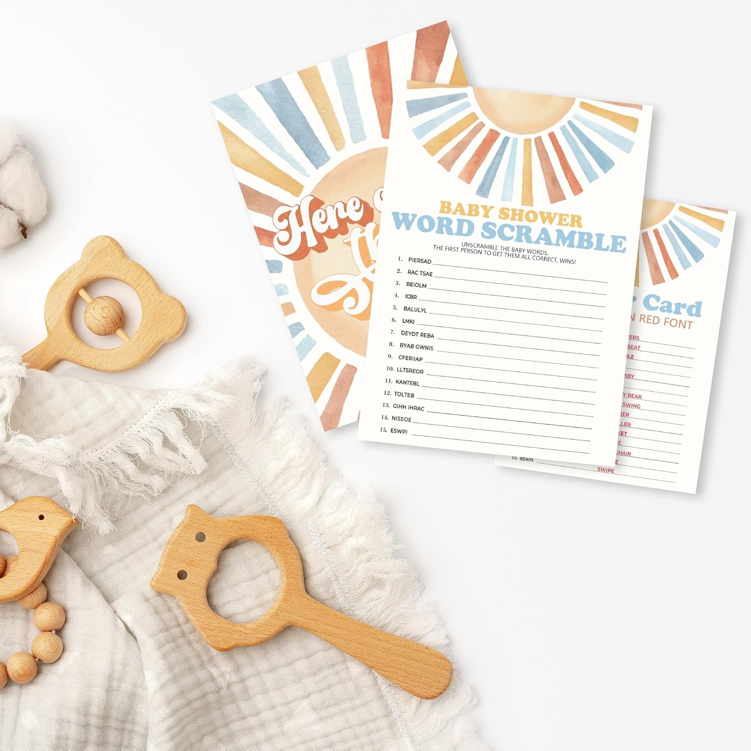 Sunshine Fill In Baby Shower Game Cards - Here Comes The Son - Word Scramble Game For Boys - Baby Announcement Gender Reveal Party Activities For New Parents To Be