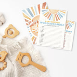 Sunshine Fill In Baby Shower Game Cards - Here Comes The Son - Word Scramble Game For Boys - Baby Announcement Gender Reveal Party Activities For New Parents To Be