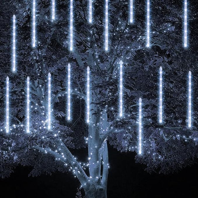 Christmas Meteor Shower Lights Outdoor 864 LED 24 Tube Waterproof White Icicle Snow Falling Plug In Lights