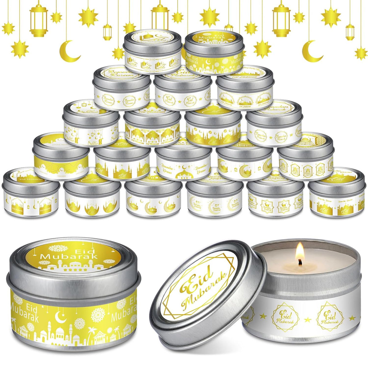 20 Pcs Eid Mubarak Candles Muslim,Islam Meditation,1 Ounce Ramadan Scented Wax Candles,Allah Assorted Scent Gift For Family Wedding Holiday Celebration Party Supplies (White Gold)