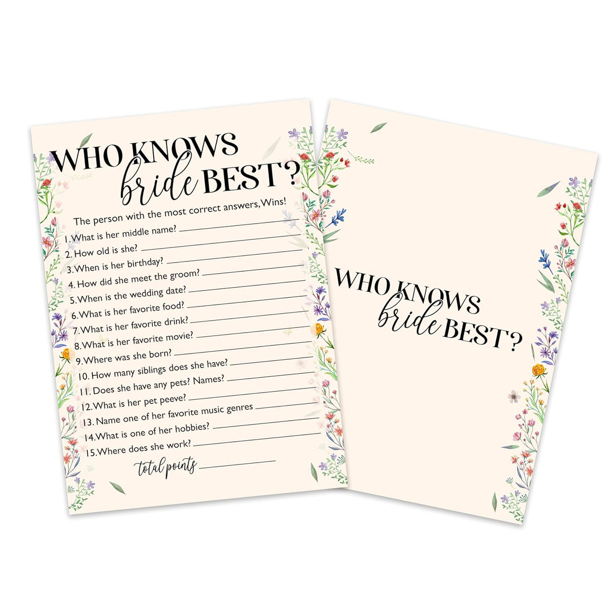 Wildflowers Bridal Shower Game Cards, Who Knows Bride Best Game Cards For Wedding Shower Engagement Party Bachelorette Party Reception, Bridal Shower Decorations, Set Of 25-06