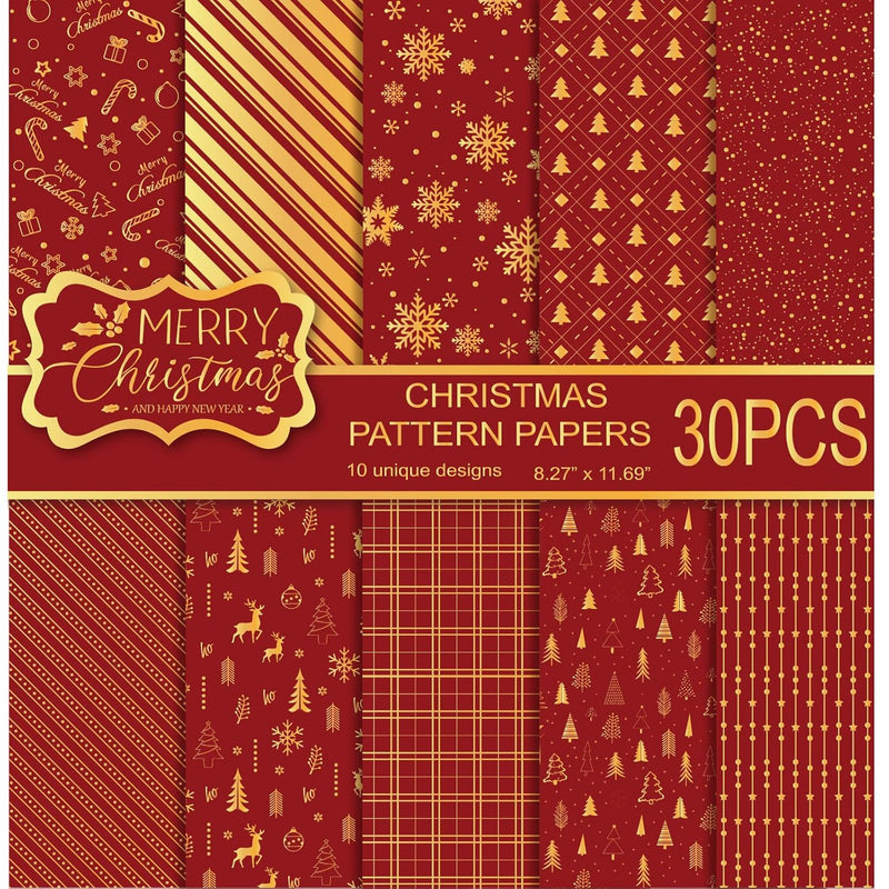 30 Sheets Christmas Pattern Paper Set A4 Size Red And Gold Festival Decorative