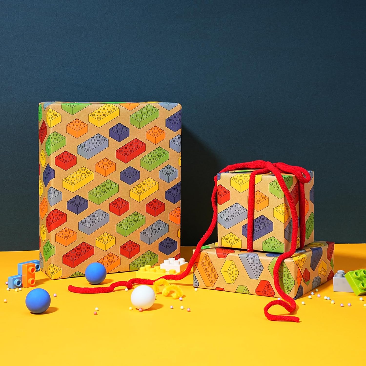 Kraft Building Blocks Wrapping Paper For Boys Girls - 17 Inch X 33 Ft - Colorful Building Bricks Design Gift Wrap Paper For Kids Birthday Holiday Party Toy Lovers