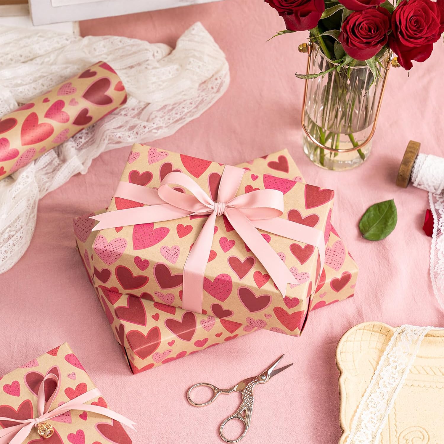 Kraft Valentine’S Day Wrapping Paper Roll, Mini Roll, Red And Pink Heart Design, Romantic Gift Wrap Paper For Valentine'S Day, Wedding, Anniversary, Birthday, 17 Inches X 16.4 Feet