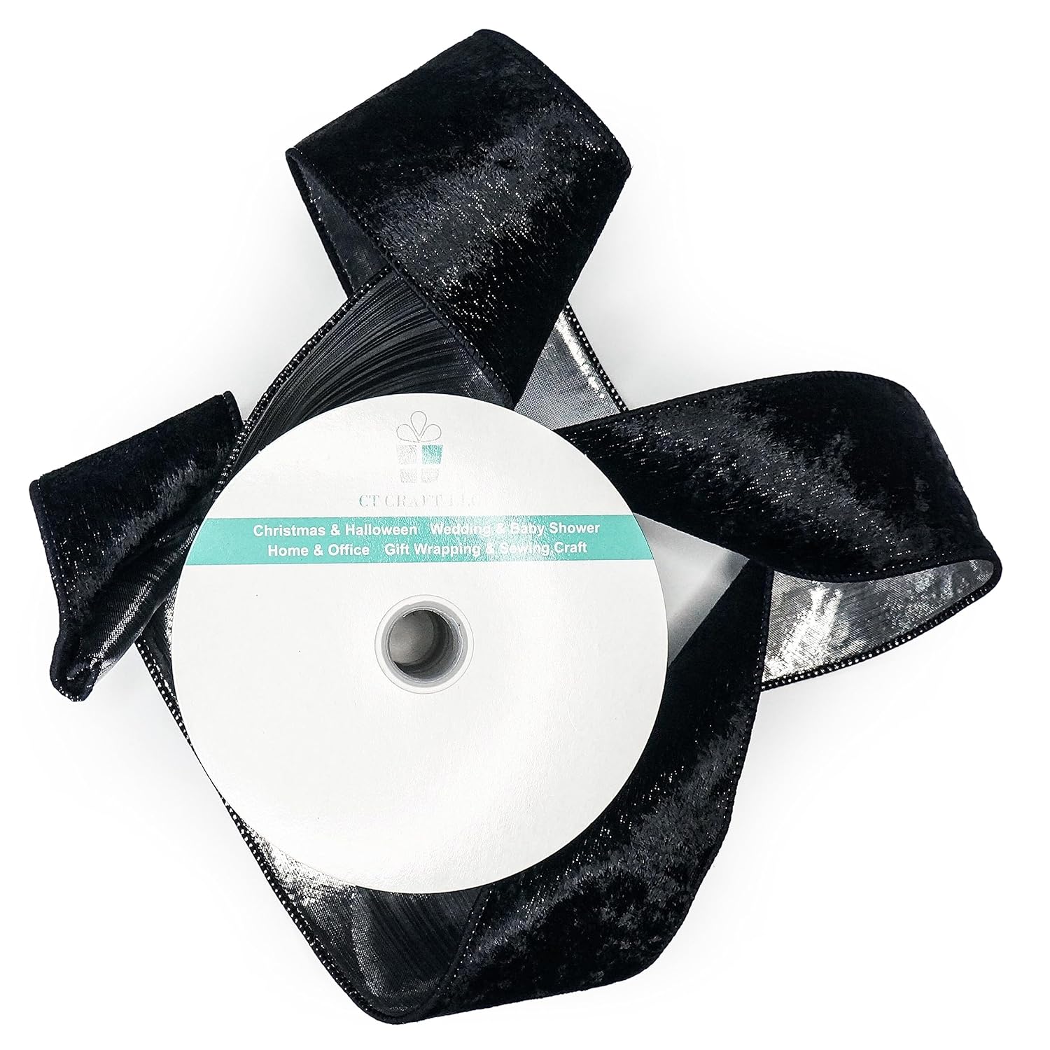 Black Velvet With Silver Metallic Backing Wired Ribbon 2.5 Inch X 10 Yards For Christmas Tree Topper Home Decoration Wreath Gift Wrapping Diy Craft