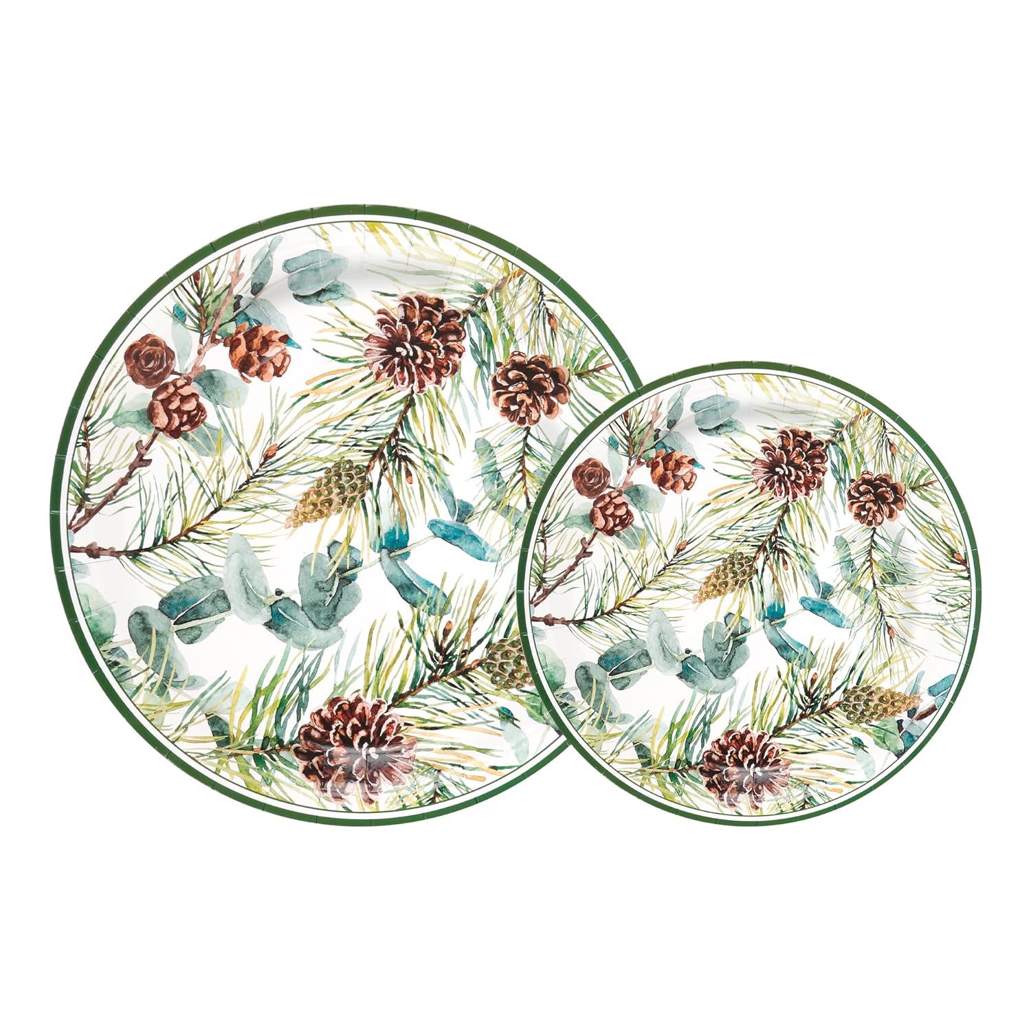 48Pcs Christmas Party Plates Winter Pine Cones Paper Plates 9 Inch 7 Inch Watercolor Pine Branches Cones Eucalyptus Disposable Round Dinner Dessert Plate For Xmas Holiday Party Supplies