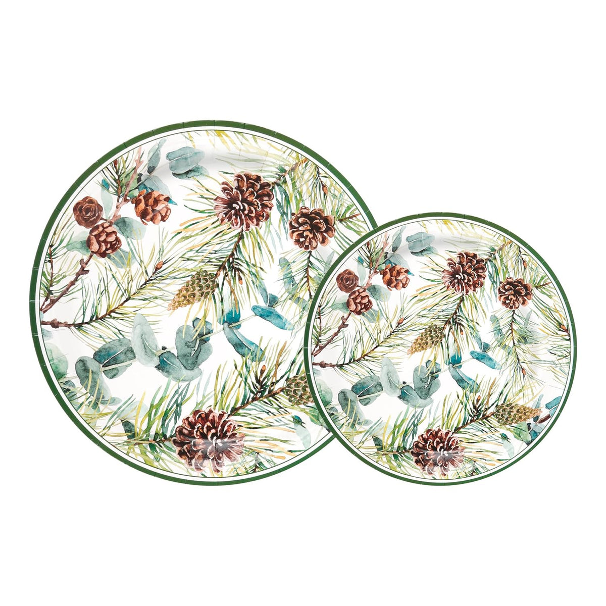 48Pcs Christmas Party Plates Winter Pine Cones Paper Plates 9 Inch 7 Inch Watercolor Pine Branches Cones Eucalyptus Disposable Round Dinner Dessert Plate For Xmas Holiday Party Supplies