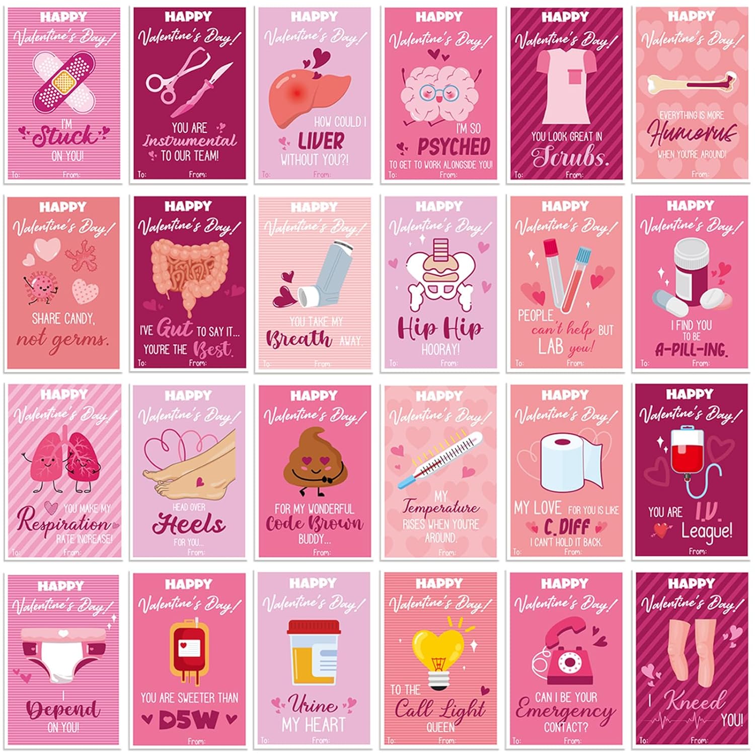 24 Pcs Valentine Nurse Cards Funny Medical Thank You Cards Doctor Healthcare Worker Gift Card Bulk 4 X 6'' Humorous Valentines Postcard Appreciation Note For Coworkers Friends Hospital Staff