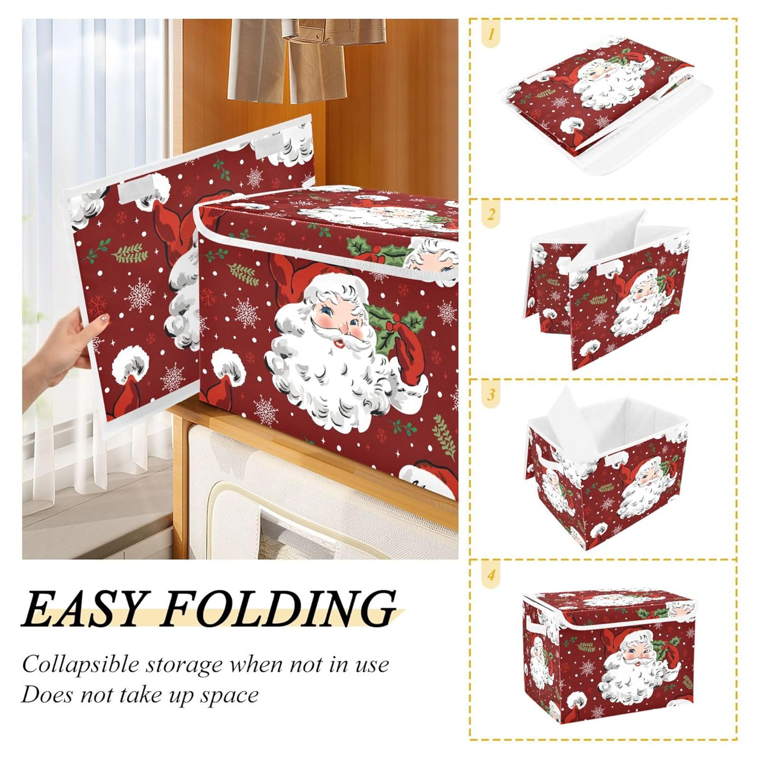 Christmas Santa Claus Storage Bins With Lids And Carrying Handle,Foldable Storage Boxes Organizer Containers Baskets Cube With Cover For Home Bedroom Closet Office