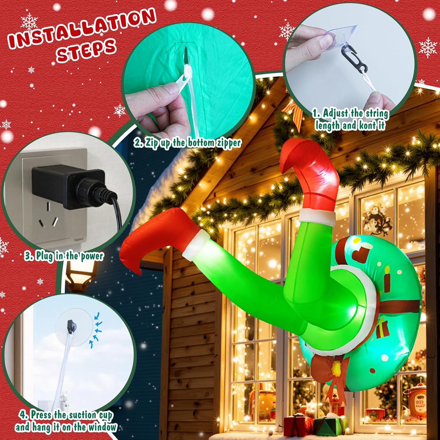 Christmas Inflatable Green Monster Stuck In Window With Led Lights, Funny Green Character Legs Christmas Decoration, Hol