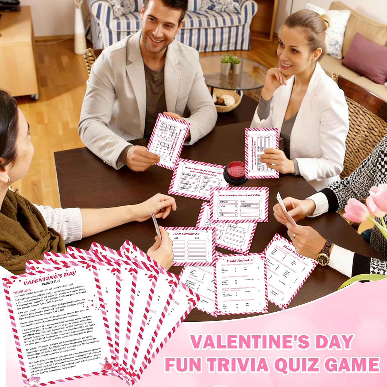 30 Pcs Valentine'S Day Friendly Feud Game With 2 Answer Buzzers,Cupid Card Friendly Feud Quiz,Roomantic Feud Card Game For Adults Couples,Trivia Quiz,Fun Galentine'S Day,Office, Team Building