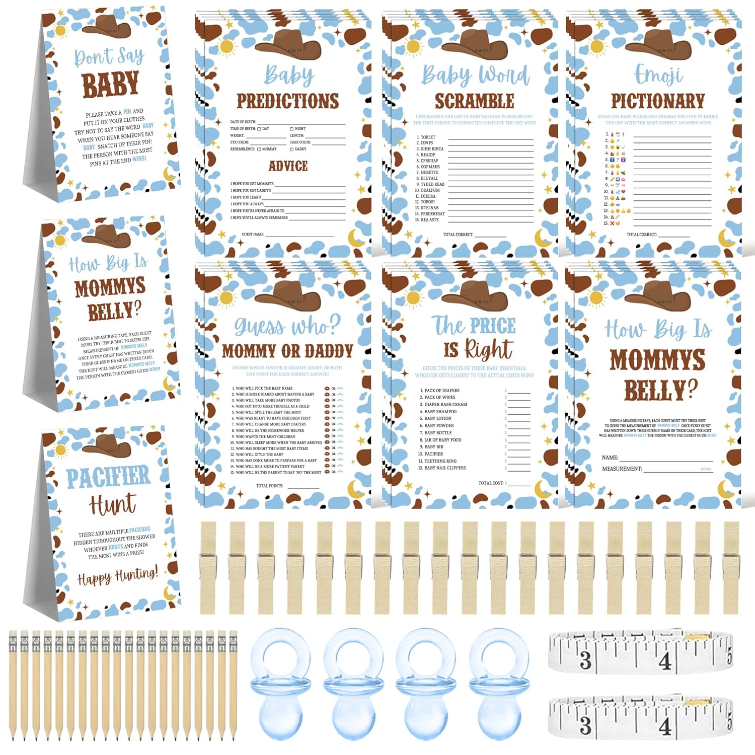 Cowboy Baby Shower Games For 25 Guests, Pacifier Hunt, How Big Is Mommy’S Belly, Don’T Say Baby, Baby Predictions And Advice, Baby Word Scramble, Emoji Pictionary, Mommy Or Daddy, The Price Is Right