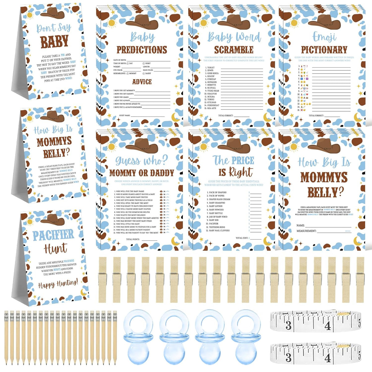 Cowboy Baby Shower Games For 25 Guests, Pacifier Hunt, How Big Is Mommy’S Belly, Don’T Say Baby, Baby Predictions And Advice, Baby Word Scramble, Emoji Pictionary, Mommy Or Daddy, The Price Is Right