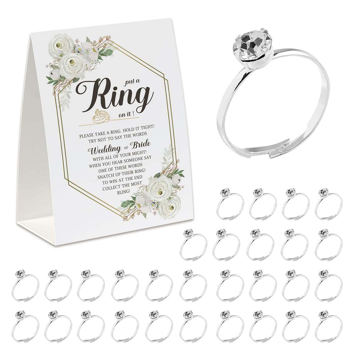 Put A Ring On It Game(50 Rings With One Sign), Don'T Say Wedding Or Bride Game,Fun Bridal Shower Game, Bridal Shower Decorations Geometric Frame Cream Roses-Jzds03