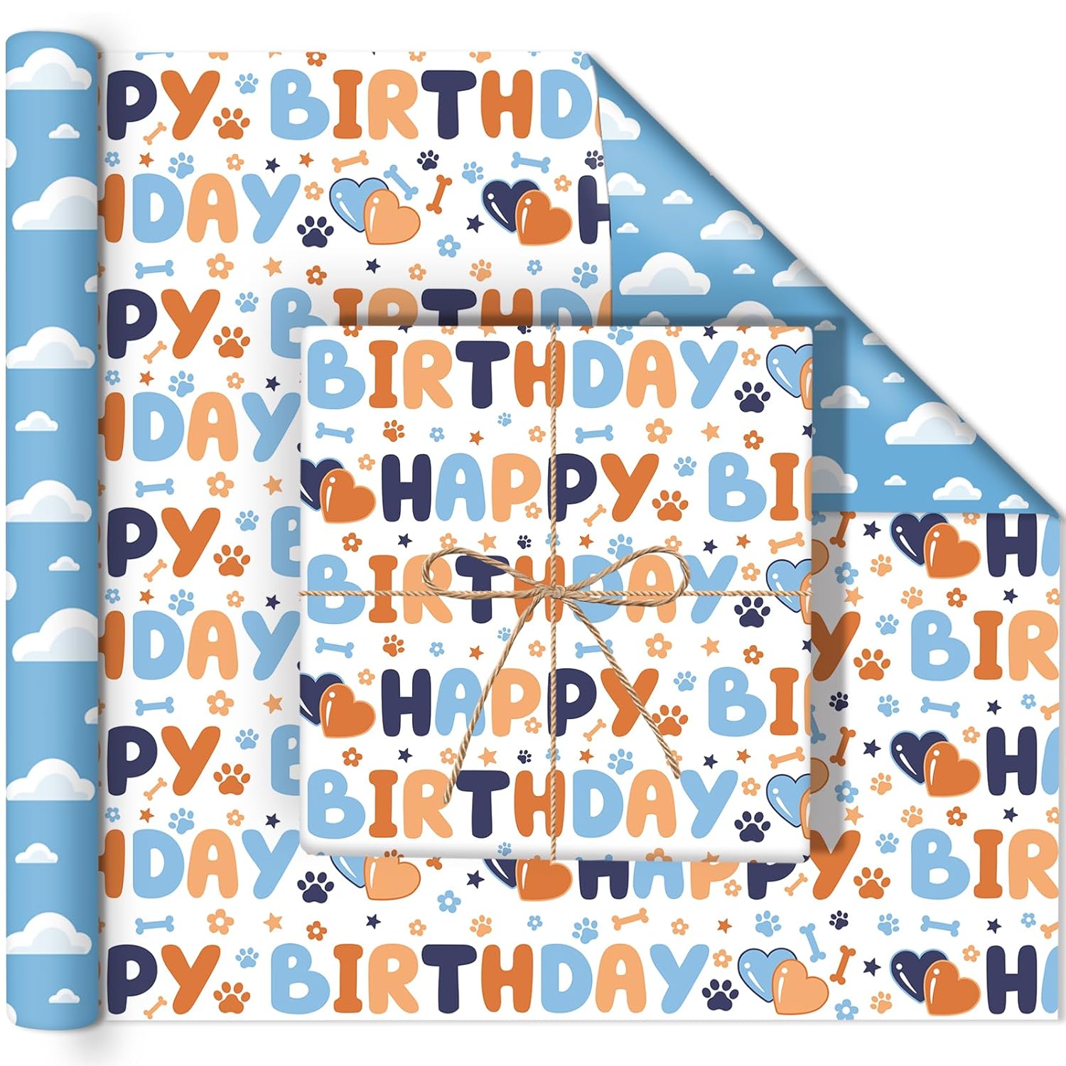 Reversible Happy Birthday Wrapping Paper - 8 Sheets | Blue & Orange Dog Paw Design + Sky-White Clouds Pattern Gift Wrap Paper For Kids’ Birthdays, Baby Showers & Holiday Greetings 19.7" X 27.6"