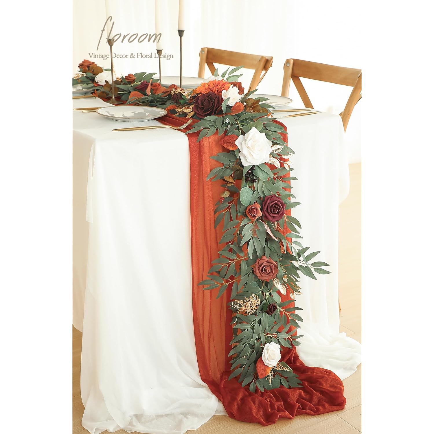 6Ft Artificial Eucalyptus Garland With Flowers Fake Greenery Burnt Orange Faux Floral Vine Garland For Table Decor Wedding Centerpieces Bridal Shower Party Decorations, Terracotta