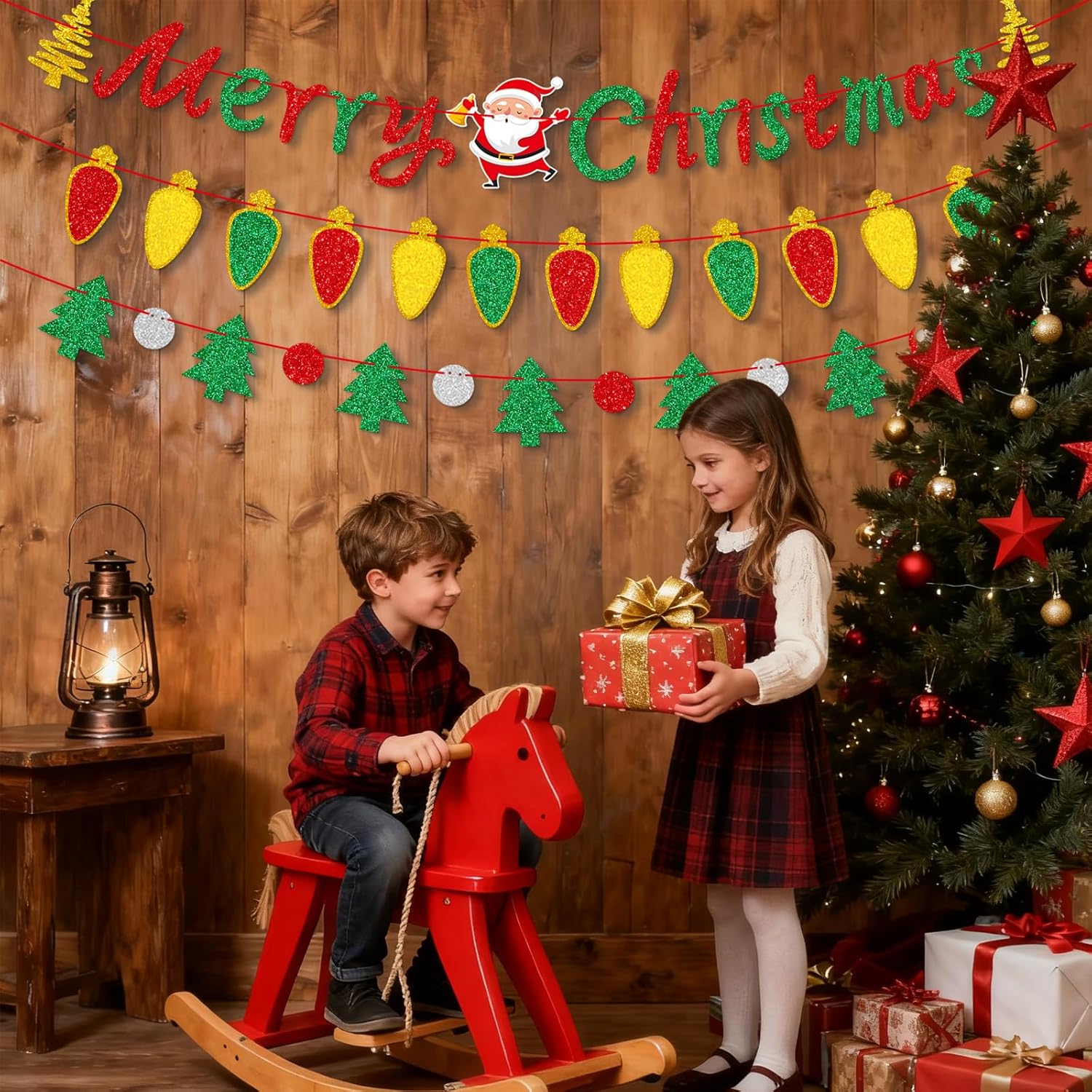 Merry Christmas Banner,Glitter Pre-Strung Red Green Gold Christmas Banner,Xmas Tree Garland For Christmas Party Decorations Supplies,Holiday Decor,Indoor,Outdoor,Home,Office, Classroom,Fireplace,Wall