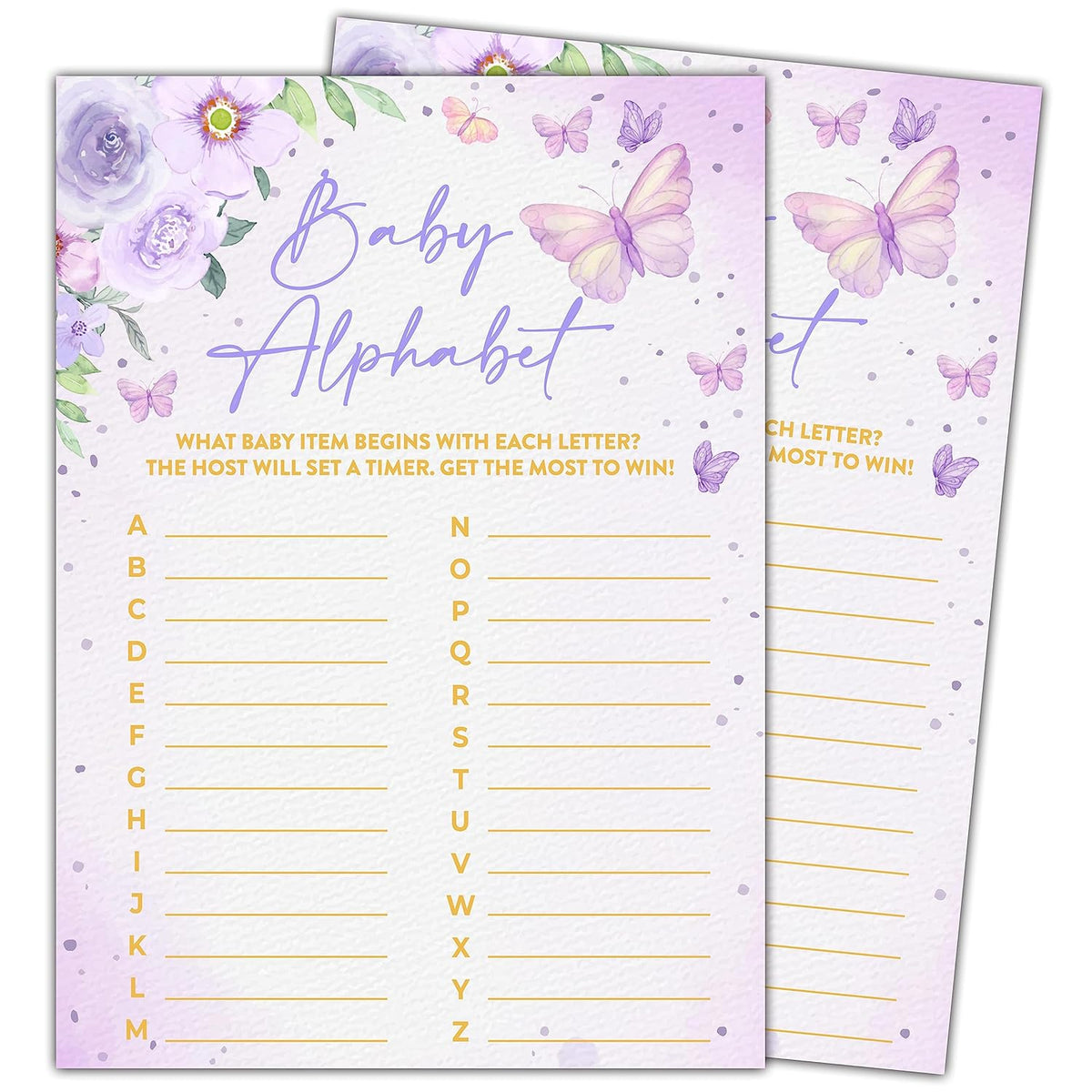 Butterfly Kisses Baby Shower Games, 30 Baby Alphabet Game Cards, Gender Reveal Party Supplies Favors (5"X7") - B09