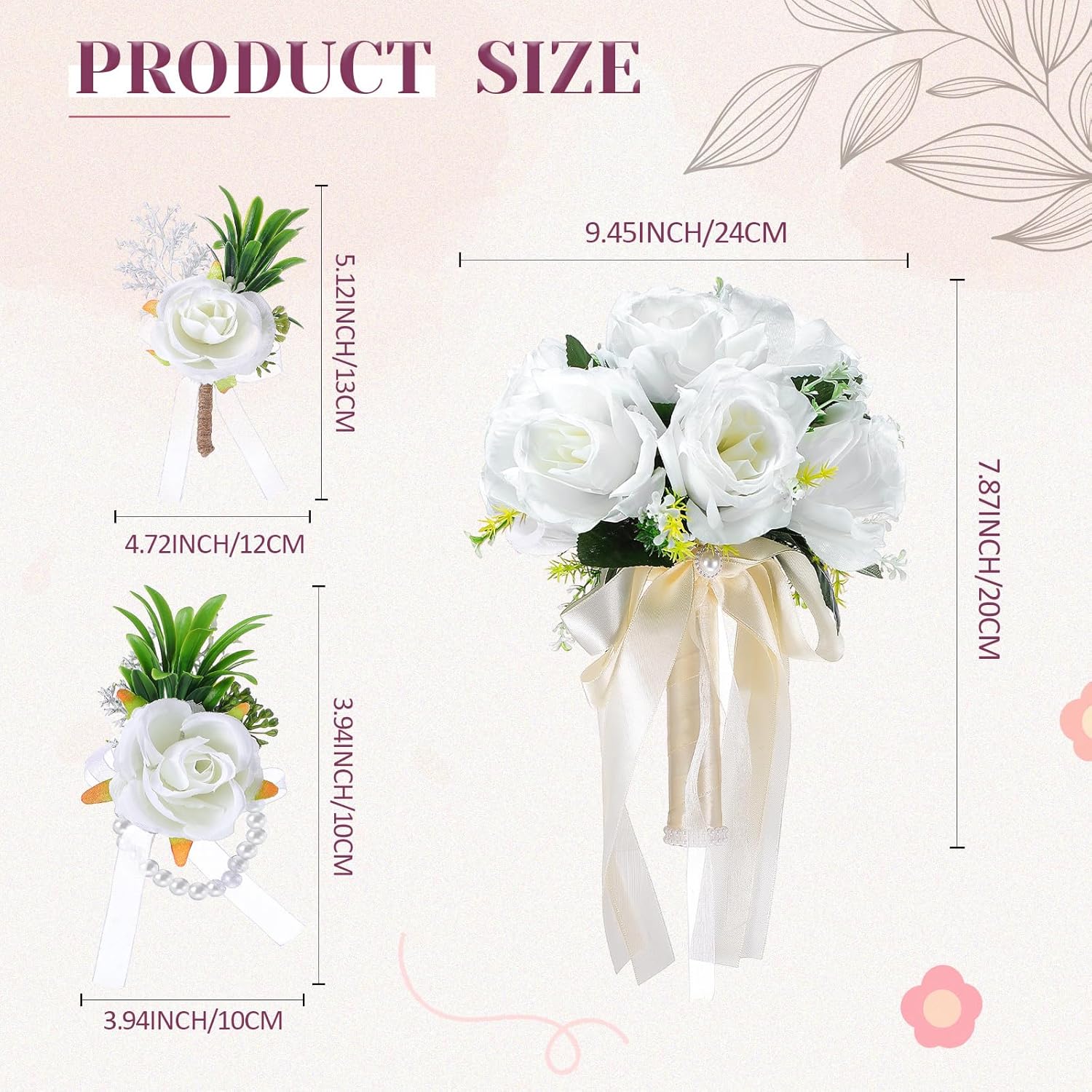 Wedding Bouquets For Bride Bridesmaid With Corsage And Boutonniere Set, 9.45 Inch White Artificial Roses Flowers Bridal Bouquet With Pearl Accents For Wedding Church Decoration Ceremony
