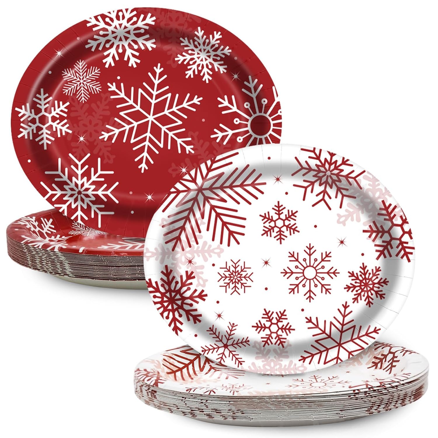 50 Pcs Christmas Oval Paper Plates 10" X 12",Large Disposable Xmas Party Decorations Paper Winter Snowflake Plates For Xmas Holiday New Year Dinner Party Supplies,50 Guests