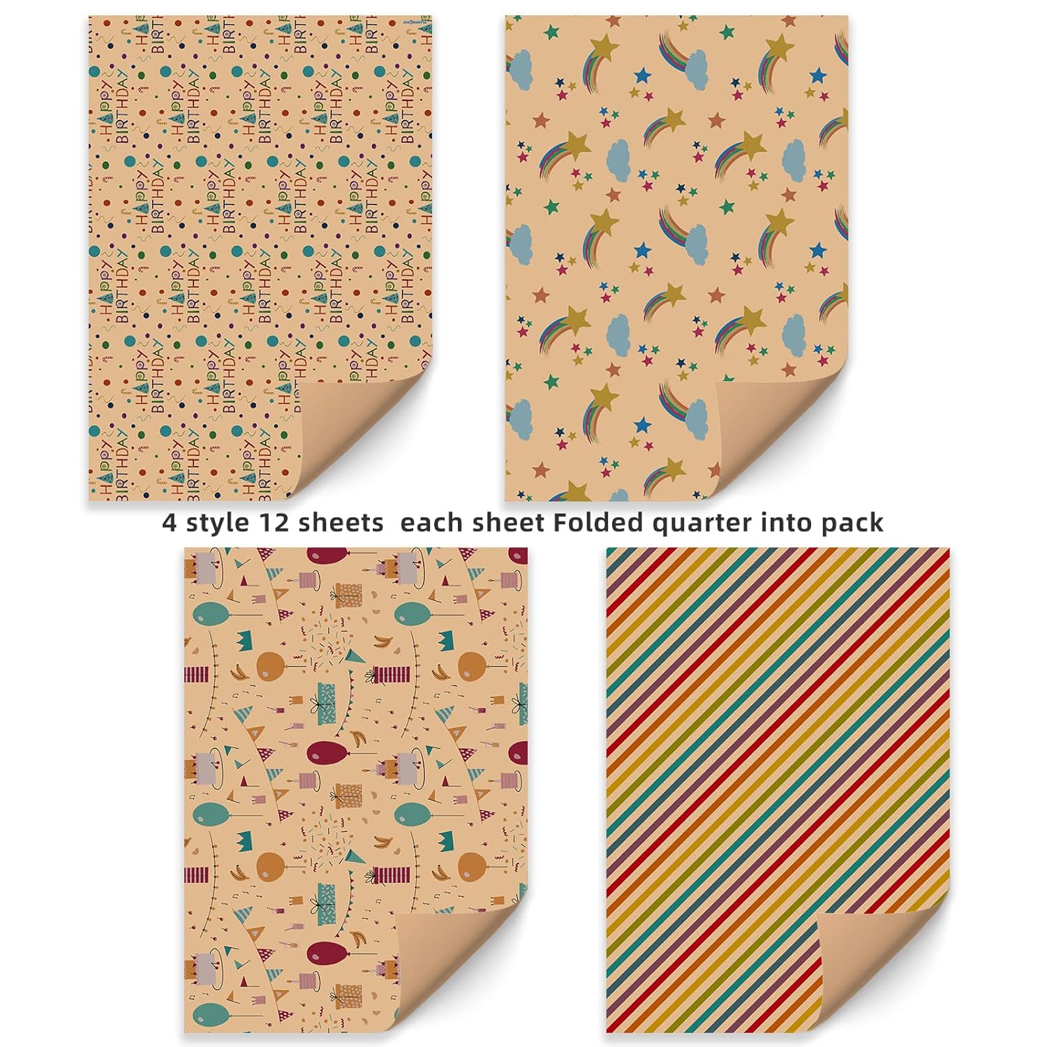 Birthday Wrapping Paper For Kids Girls Women Boys Men,12 Sheets Kraft Brown Recycled Gift Wrapping Paper 4 Styles Of ''Happy Birthday'' Balloon Rainbow Stars Precut 20" X 29" Folded