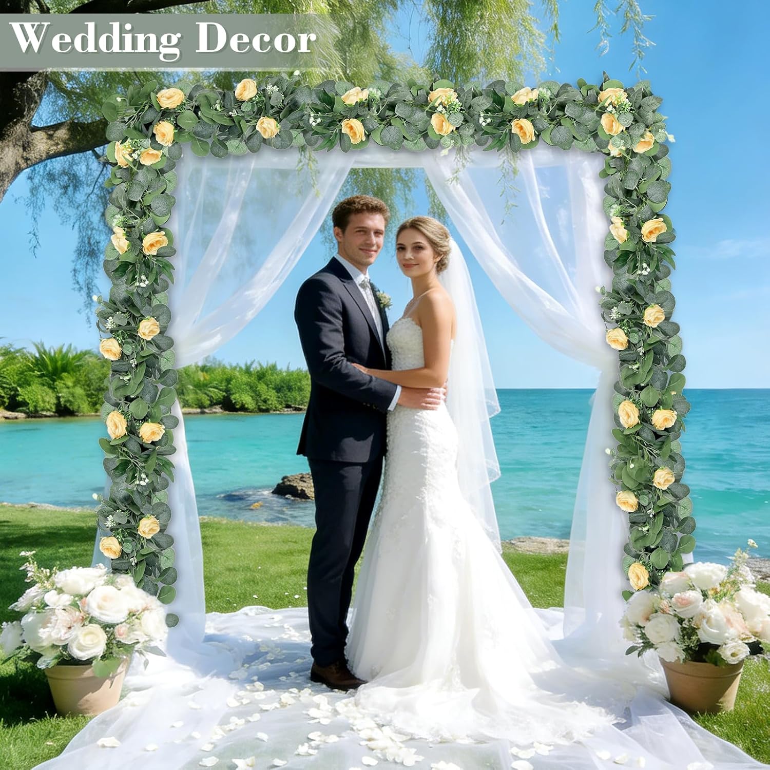 2 Pack 13Ft Artificial Spring Eucalyptus Flower Garland With Fake Rose Flower Floral Vine & Seeded Eucalyptus Greenery Garland For Wedding Arch Table Runner Backdrop Party Spring Decor (Champagne)
