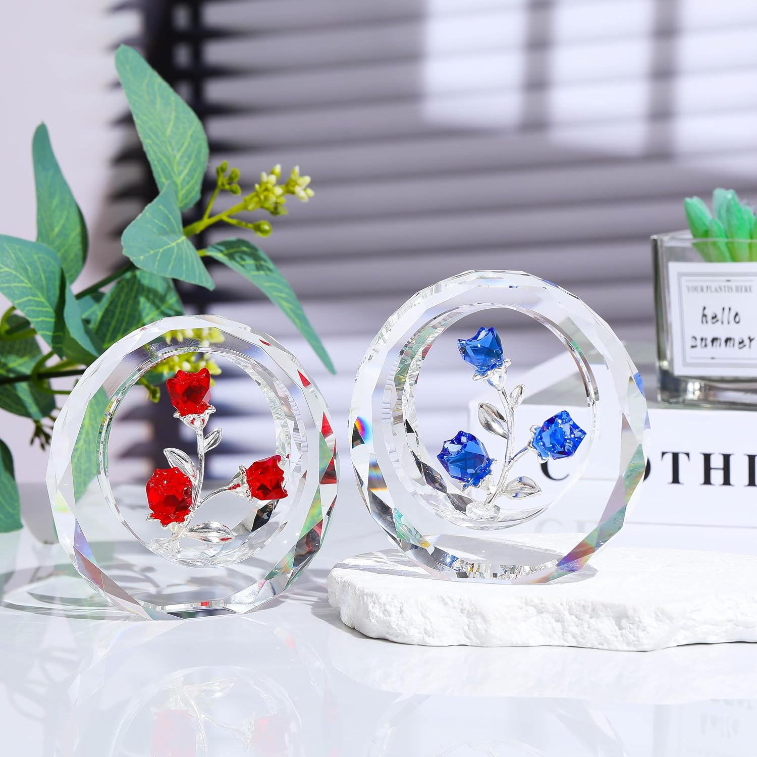 Red Rose Flower Crystal Figurine With Vase - Bouquet Flowers Ornament Gifts For Wife Girlfriend Women - Handmade Crystal Flower Collectible Home Table Decor ?For Valentine'S Day Wedding Anniversary