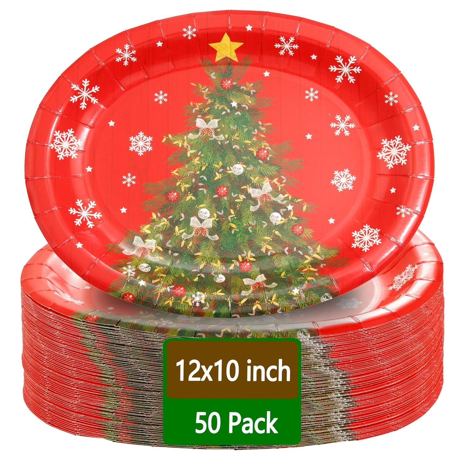 50Pack Christmas Paper Plates - Oval Paper Plates 10" X 12" For Party Supplies Christmas Trees Large Disposable Platter For Serving Tray Baby Shower Birthday