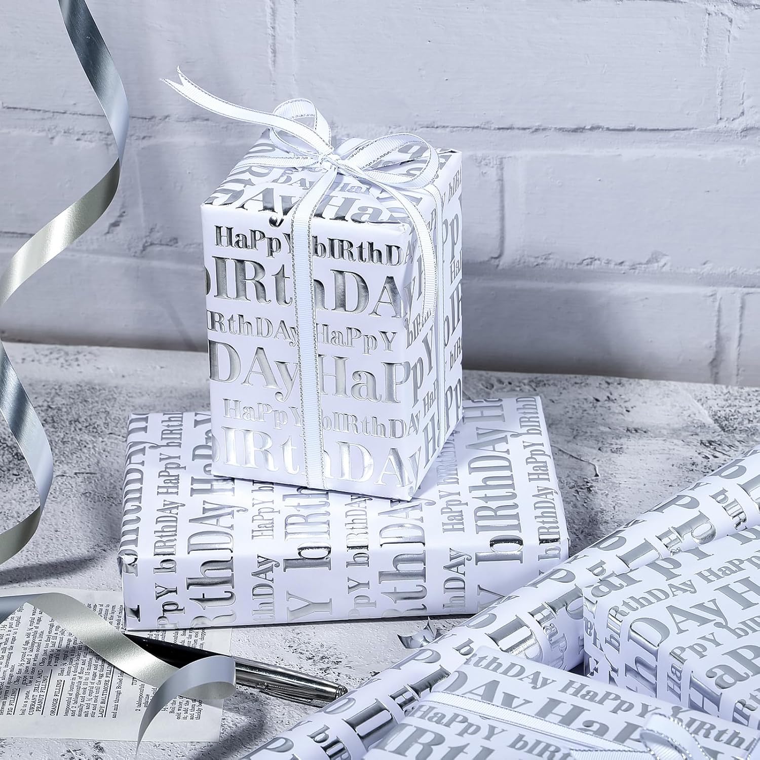 3D Kraft Birthday Wrapping Paper Roll - Mini Roll - 17 Inch X 16.5 Feet - Silver And White Happy Birthday Lettering Design With Embossed Perfect For Holiday, Party Celebration