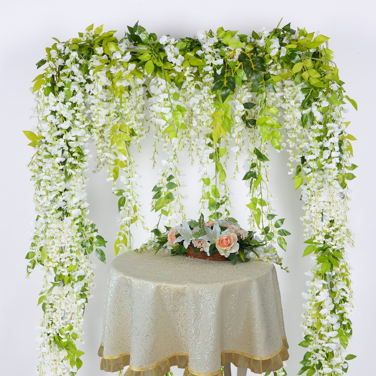 Wisteria Artificial Flowers Garland, 4Pcs Total 28.8Ft White Artificial Wisteria Vine Silk Hanging Flower For Home Garden Outdoor Ceremony Wedding Arch Floral Decor