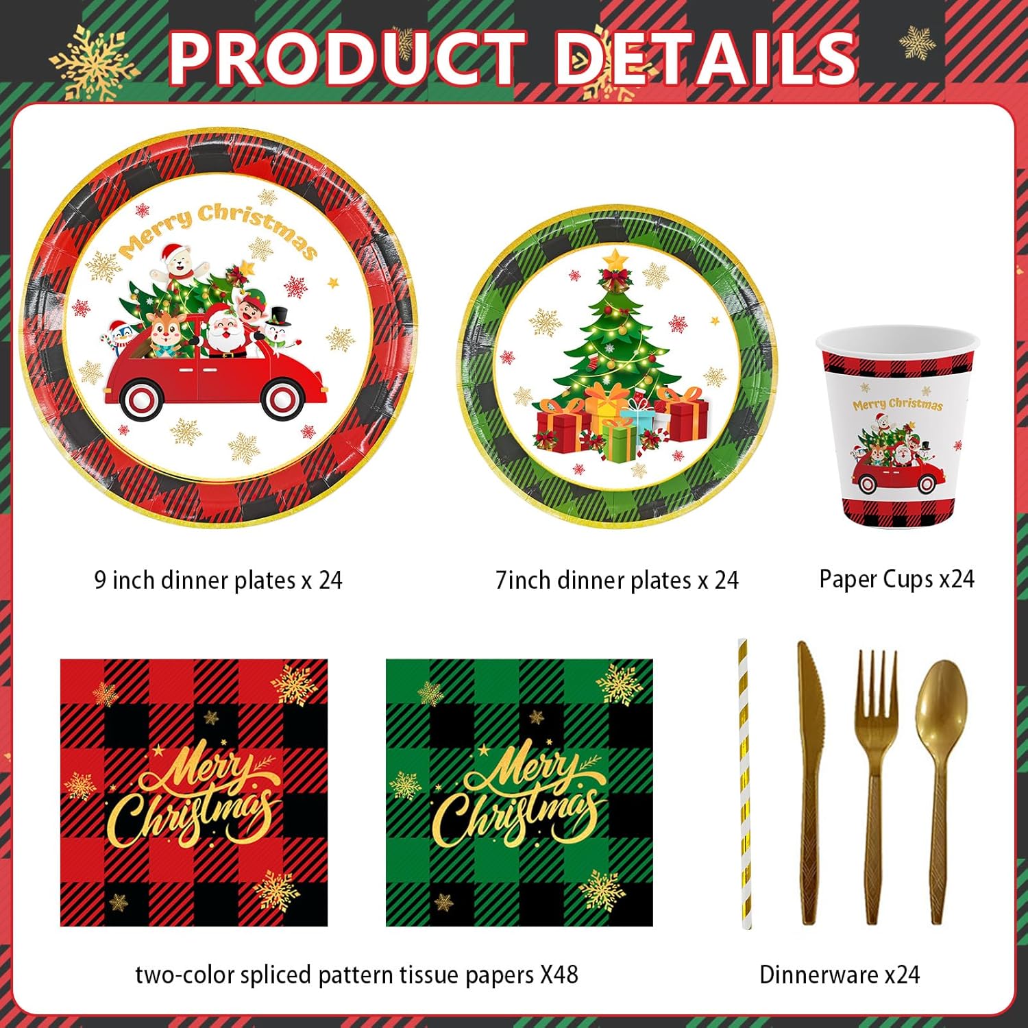 216 Pcs Merry Christmas Plates And Napkins Sets Cute Winter Christmas Round Tableware Disposable Chrismas Paper Plates And Napkins Forks For Xmas Party Supplies Favors Table Decor, Serves 24