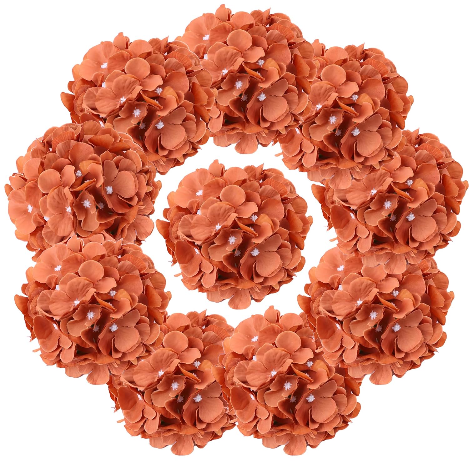 Burnt Orange Artificial Flowers Fake Hydrangeas Flowers Heads 10Pcs Full Hydrangea Silk Flowers With Stems For Fall Wedding Home Party Shop Baby Shower Decoration