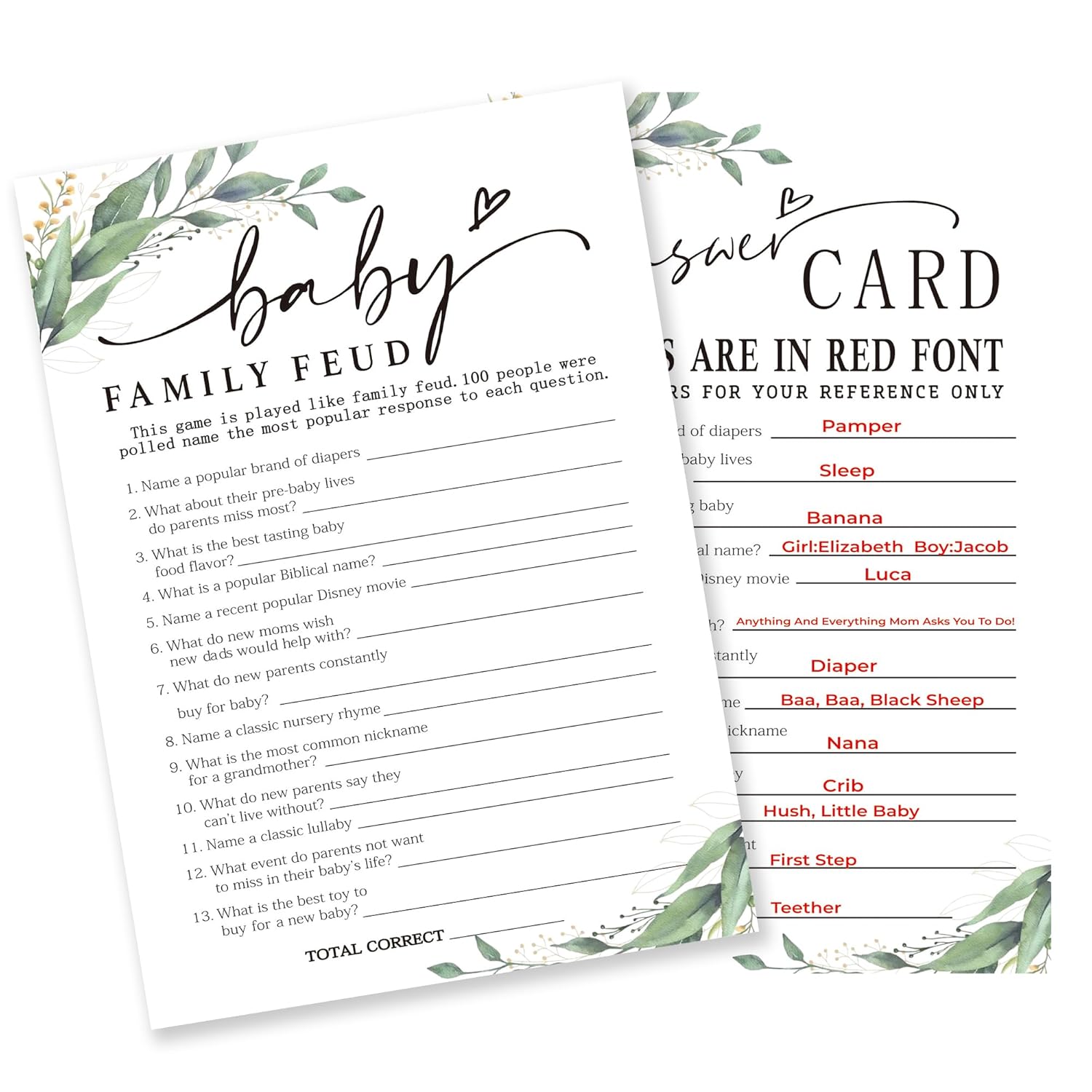 Baby Family Feud Baby Shower Game, 30 Greenery And White Game Cards For Girl Boy With 1 Answer Card, Gender Reveal Games, Baby Announcement,Party Favor & Supplies-B12
