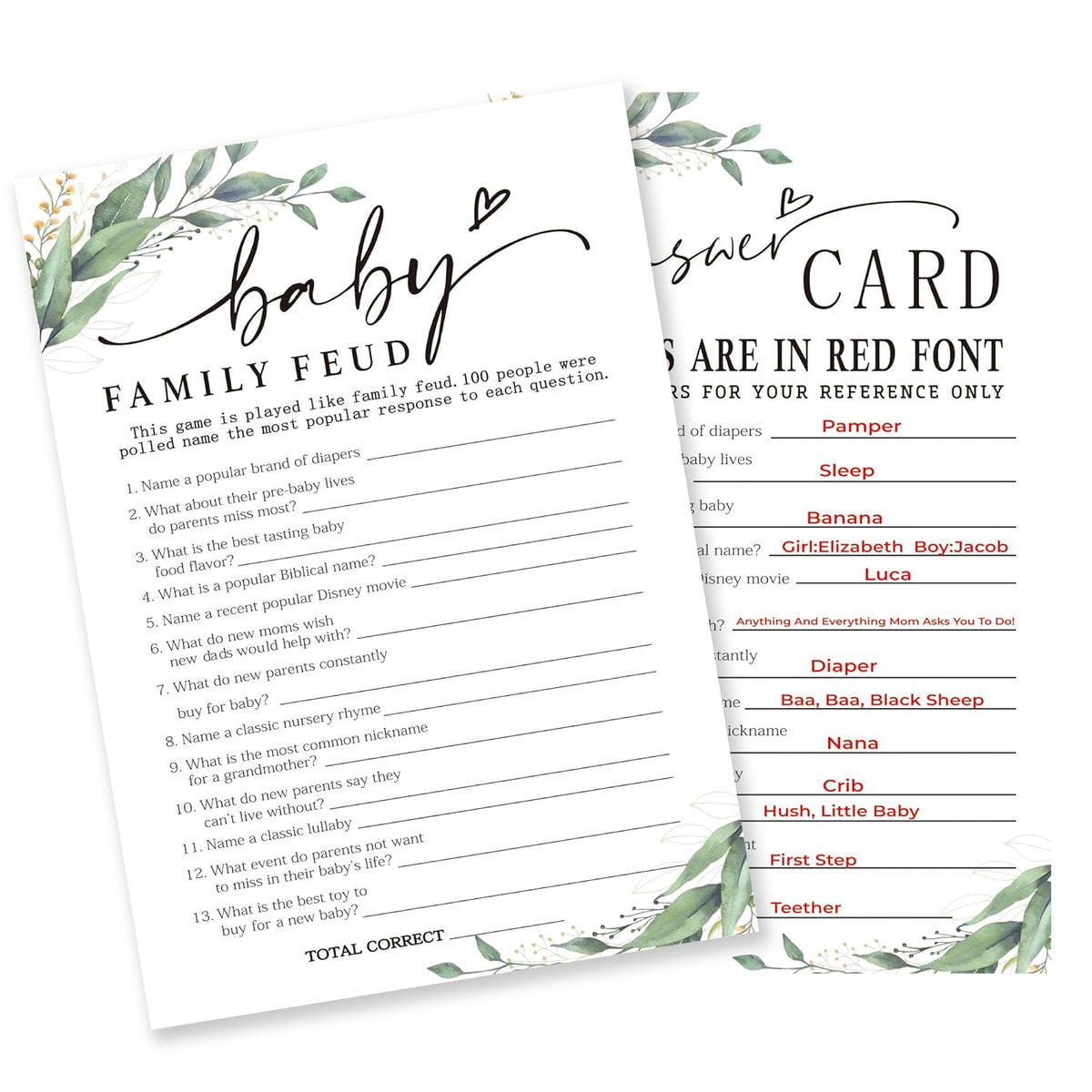 Baby Family Feud Baby Shower Game, 30 Greenery And White Game Cards For Girl Boy With 1 Answer Card, Gender Reveal Games, Baby Announcement,Party Favor & Supplies-B12