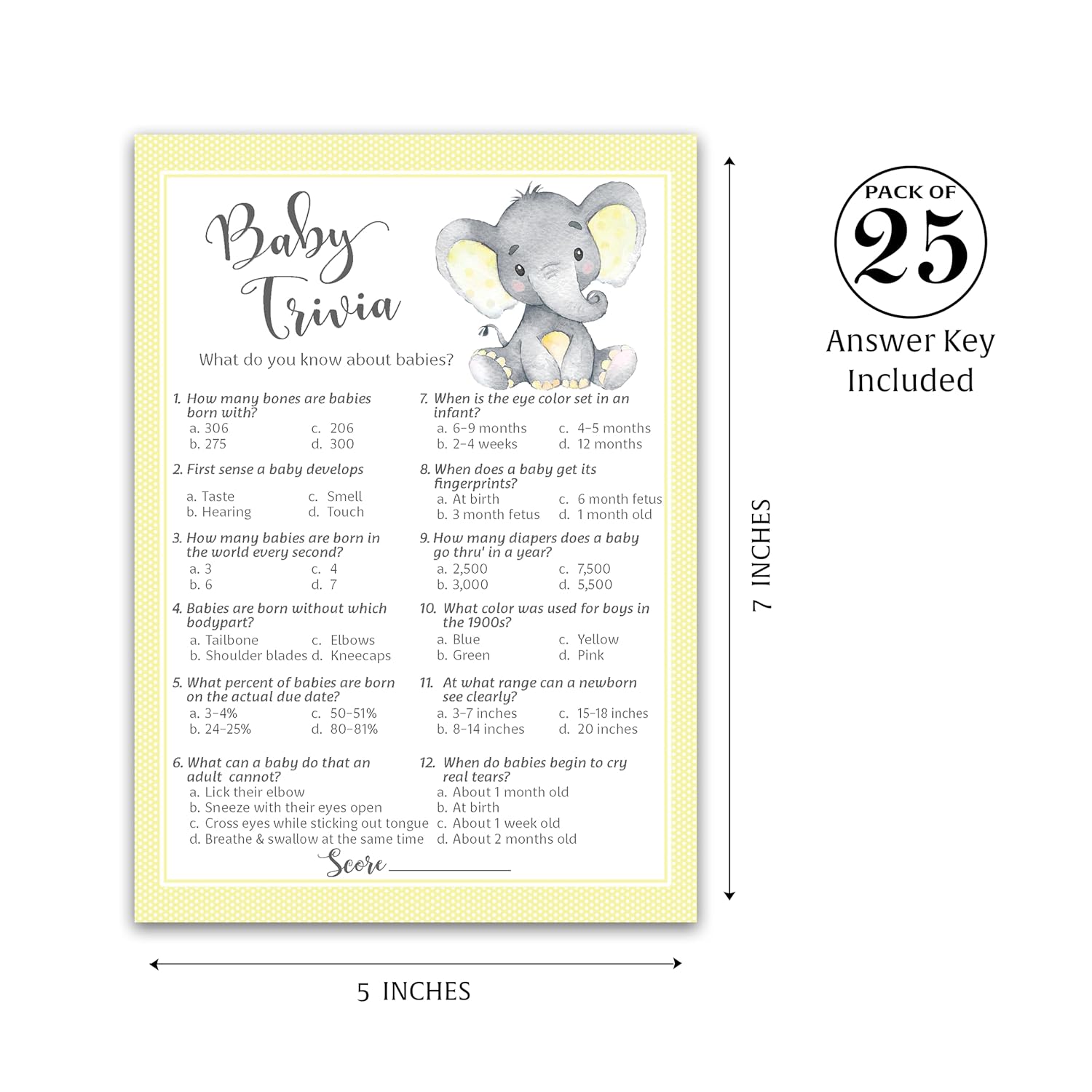 Gender Neutral Baby Shower Games — Baby Trivia Game — Pack Of 25 — Yellow Elephant Little Peanut Theme, Fun Facts Couples Shower Activity, Gender Reveal Party G521-Trv