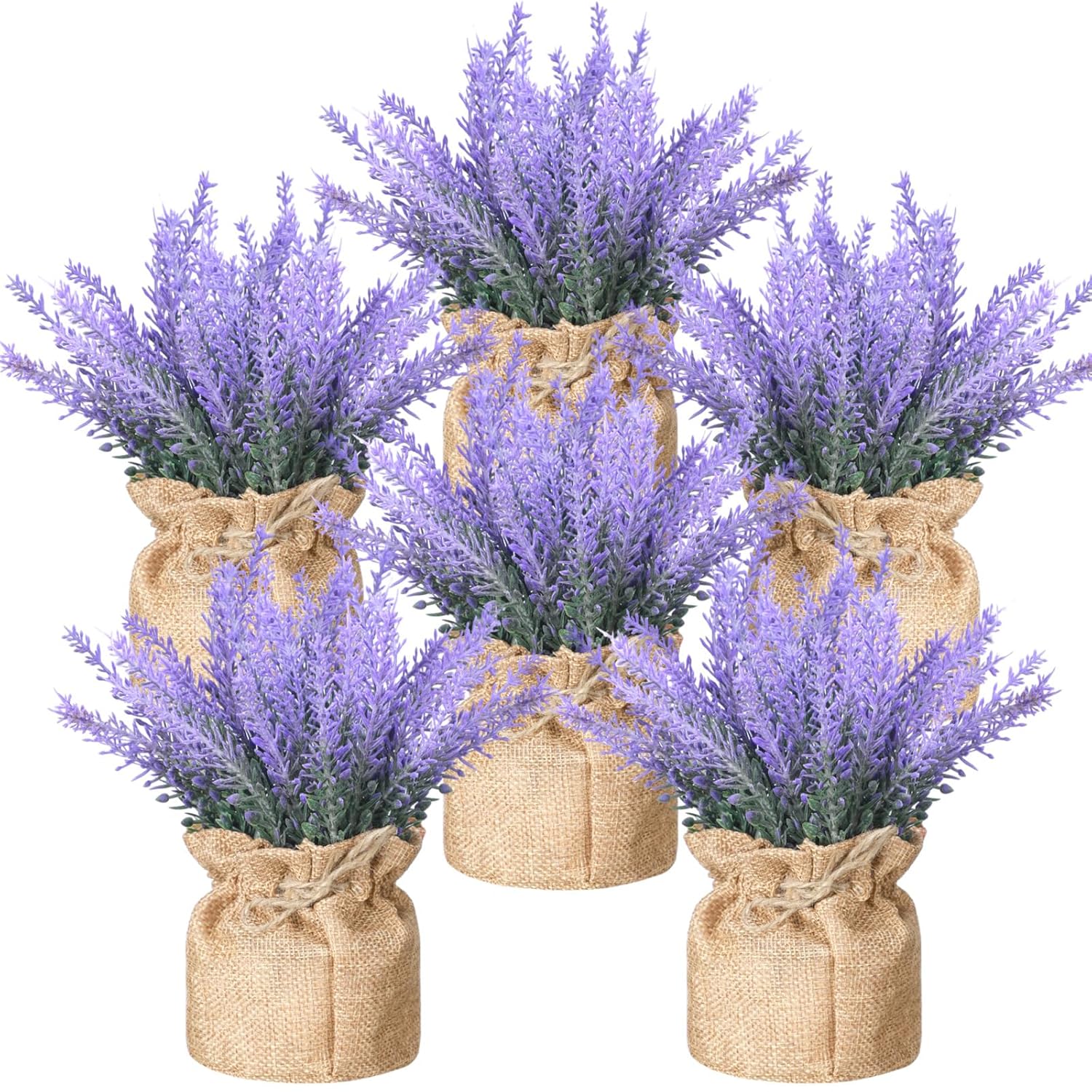 6 Pack Fake Lavender Plant Small Artificial Lavender Flowers Decor Burlap Bag Rustic Plant Potted For Kitchen Farmhouse Home Bedroom Wedding Table Country Indoor Decor